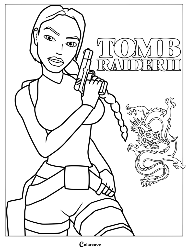 Dibujo para colorear de Lara Croft Tomb Raider con la portada oficial del videojuego de acción y aventura de 1997 Tomb Raider II Starring Lara Croft, que muestra a Lara sosteniendo una pistola con una coleta trenzada y el símbolo de un dragón chino.