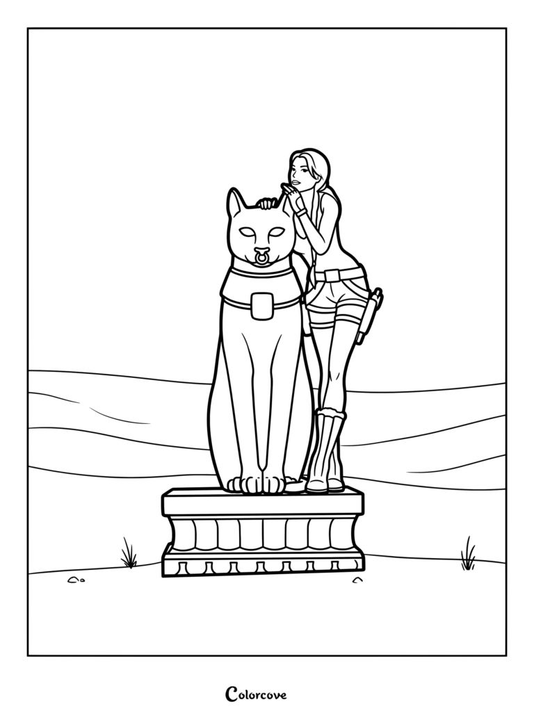 Dibujo para colorear de Lara Croft Tomb Raider con Lara posando junto a una estatua de pantera en el modo foto.