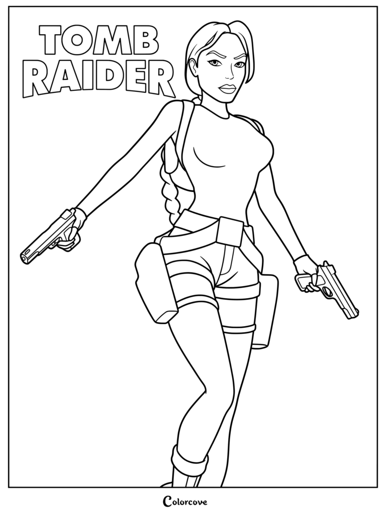 Dibujo para colorear imprimible con un renderizado 3D de pocos polígonos de la icónica arqueóloga Lara Croft empuñando pistolas duales plateadas del clásico juego de acción y aventura de 1996 Tomb Raider.
