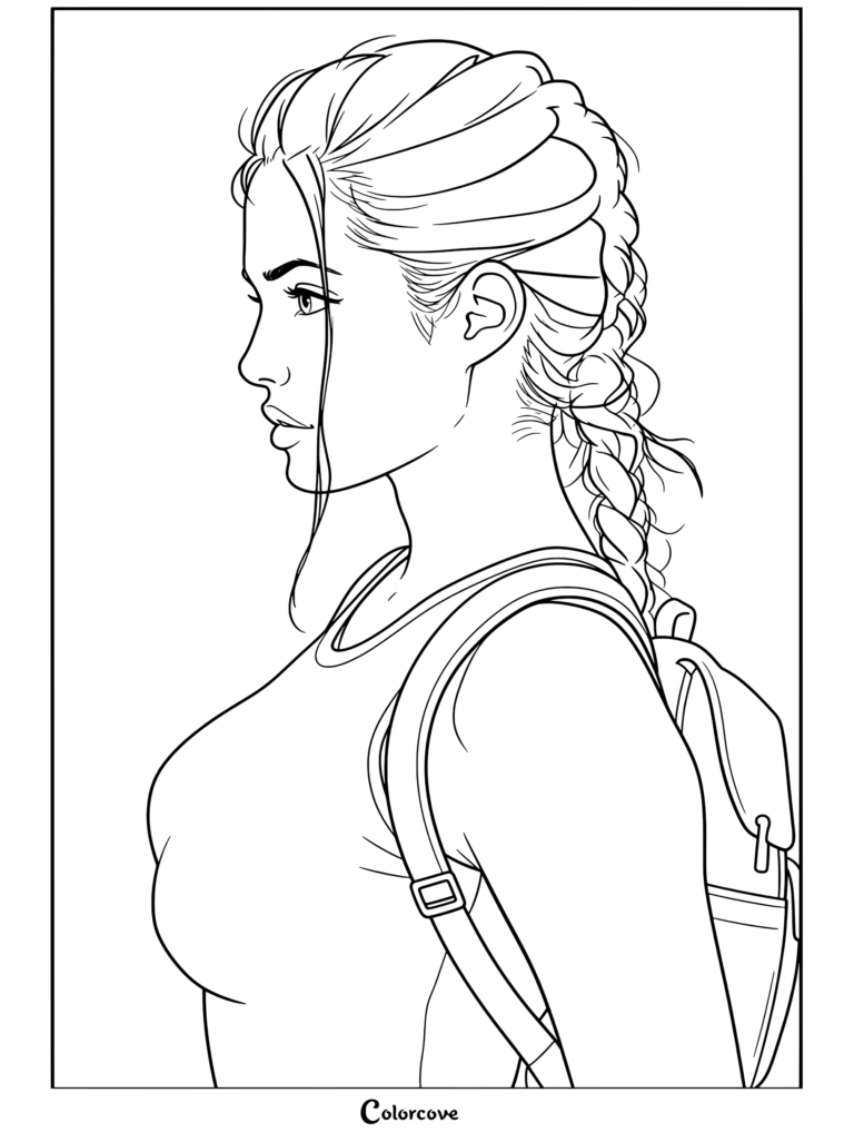 Dibujo para colorear imprimible de Angelina Jolie como Lara Croft en un retrato de perfil con el pelo trenzado y una camiseta de tirantes verde, de Tomb Raider.