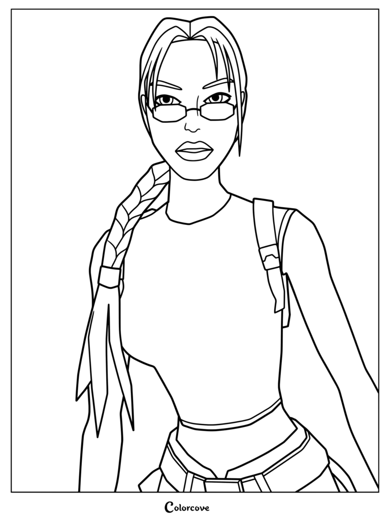 Dibujo para colorear de Lara Croft Tomb Raider que presenta a Lara con su icónico atuendo de El Ángel de la Oscuridad.