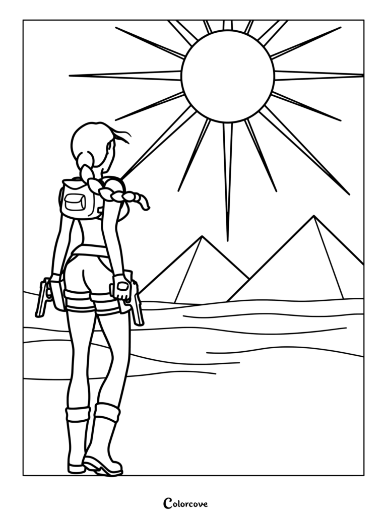 Dibujo para colorear de Lara Croft Tomb Raider que muestra a Lara Croft contemplando el desierto de Guiza hacia las pirámides en un arte promocional de Tomb Raider IV: La Última Revelación.