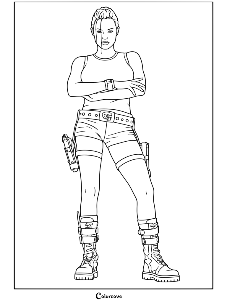 Dibujo para colorear imprimible de Angelina Jolie como KEEP IN ENGLISH Lara Croft de pie con los brazos cruzados, vistiendo camiseta sin mangas, pantalones cortos y botas de combate con pistolas en cartucheras duales.