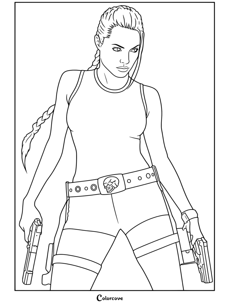 Dibujo para colorear de Angelina Jolie como Lara Croft Tomb Raider con una postura segura con pistolas duales, cabello trenzado, camiseta sin mangas y pantalones cortos.