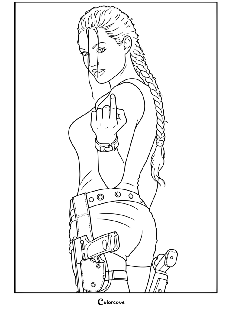 Dibujo para colorear de Angelina Jolie como Lara Croft Tomb Raider vistiendo una camiseta sin mangas negra y pantalones cortos con pistolas en cartuchera mientras gesticula hacia adelante.