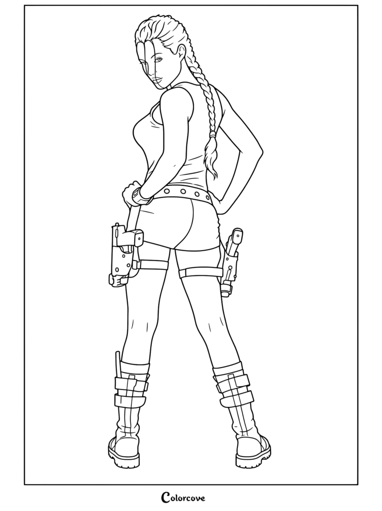 Dibujo para colorear imprimible de Angelina Jolie como Lara Croft Tomb Raider vistiendo camiseta sin mangas, pantalones cortos, botas de combate y pistolas en cartucheras en una fuerte postura de estudio.