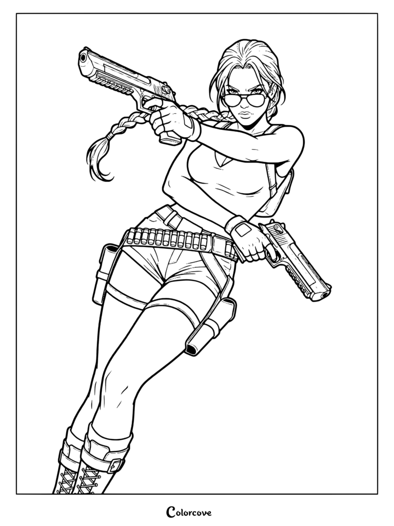 Dibujo para colorear de acción de la Era Clásica de Lara Croft Tomb Raider con la icónica heroína luciendo su característico top turquesa, pantalones cortos y trenza, empuñando pistolas duales en una pose dinámica de combate.
