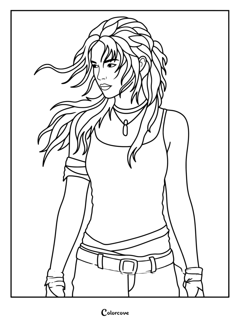 Dibujo para colorear imprimible gratis de Lara Croft Tomb Raider vestida con una camiseta de tirantes clásica, pantalones cargo y el pelo revuelto por el viento.