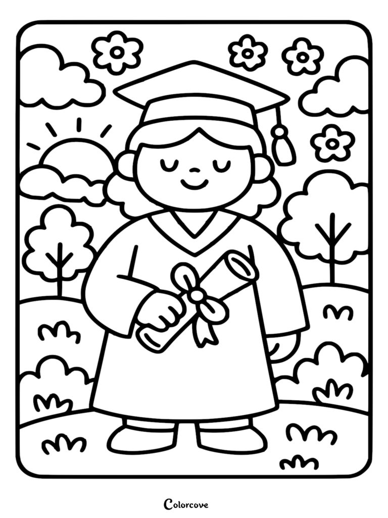A cute cartoon girl wearing a graduation cap and gown holding a diploma in a park setting for a last day of school coloring page.