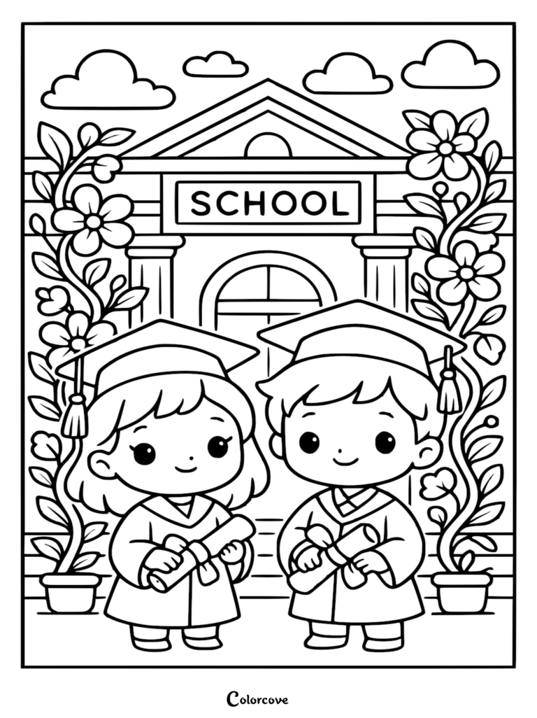 A cute boy and girl wearing graduation caps and gowns holding diplomas in front of a school building, a printable coloring page.