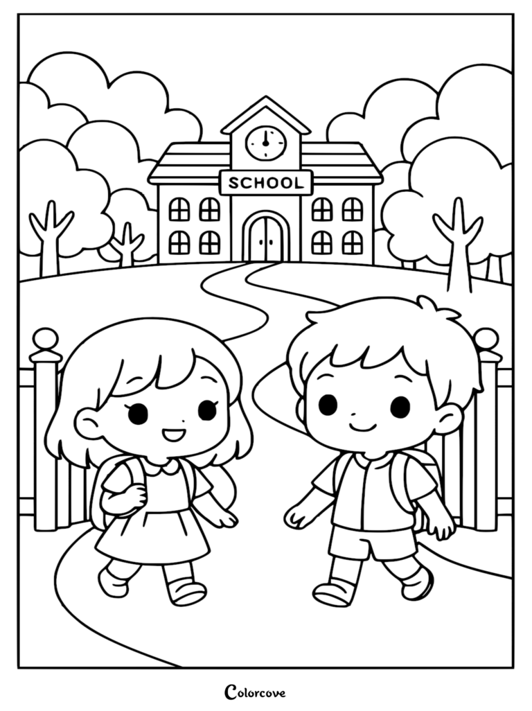 A printable coloring page featuring a young boy and girl with backpacks walking away from their elementary school building on a sunny day.