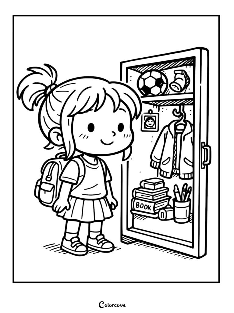 A young girl with a ponytail and backpack smiling at her open school locker, which contains a soccer ball, books, pencils, and a jacket, in this line art coloring page.