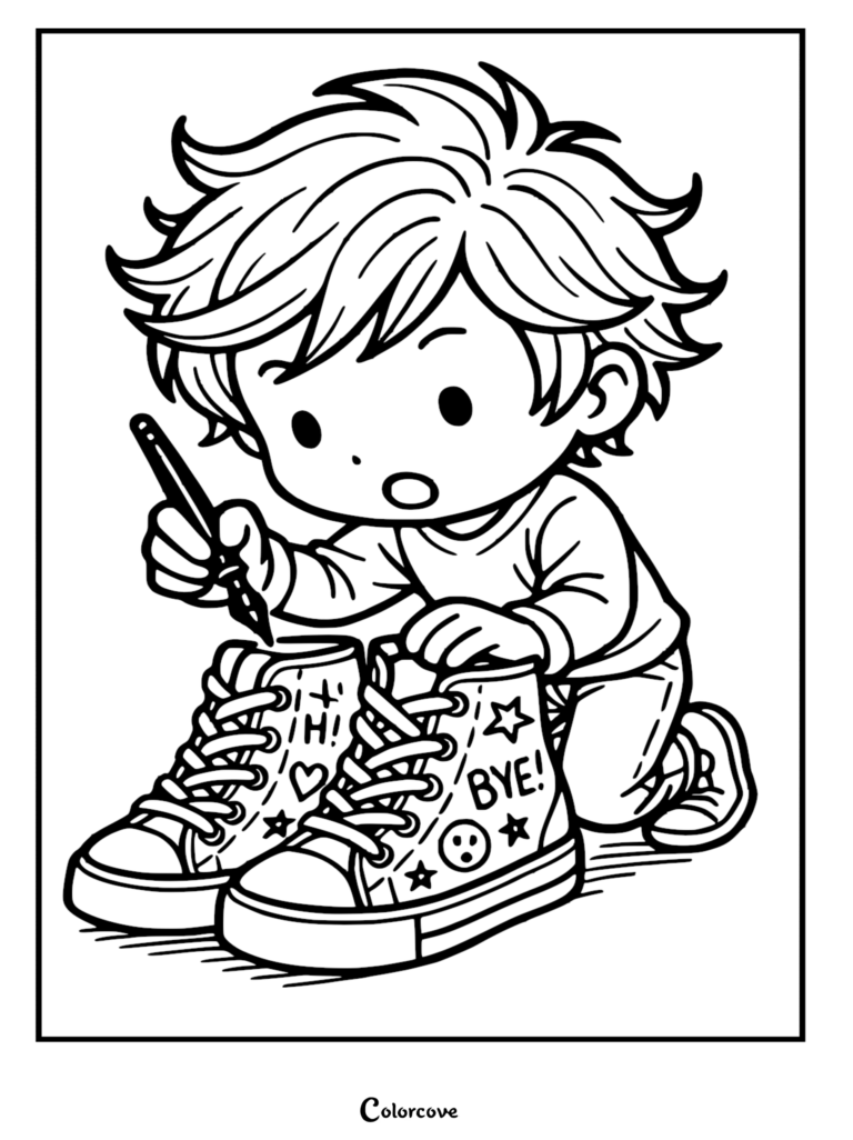 A cute boy with messy hair kneeling and drawing on high-top sneakers with a marker on a printable coloring page.