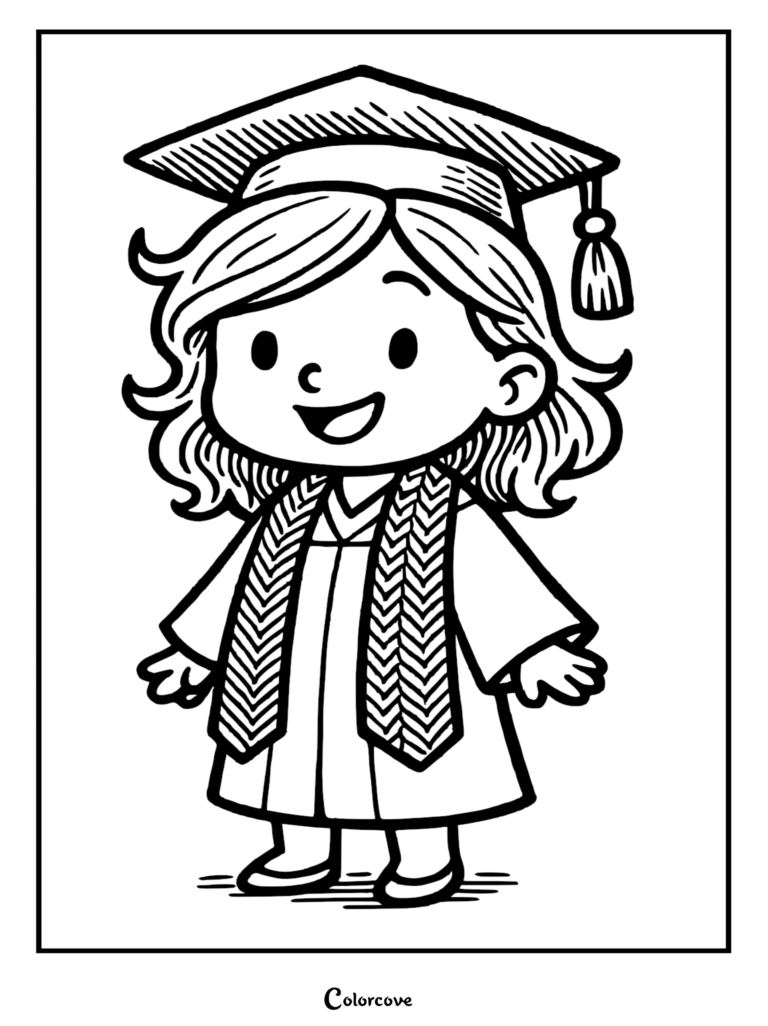 A cute cartoon girl wearing a graduation cap and gown with a chevron-patterned stole, coloring page style line art.