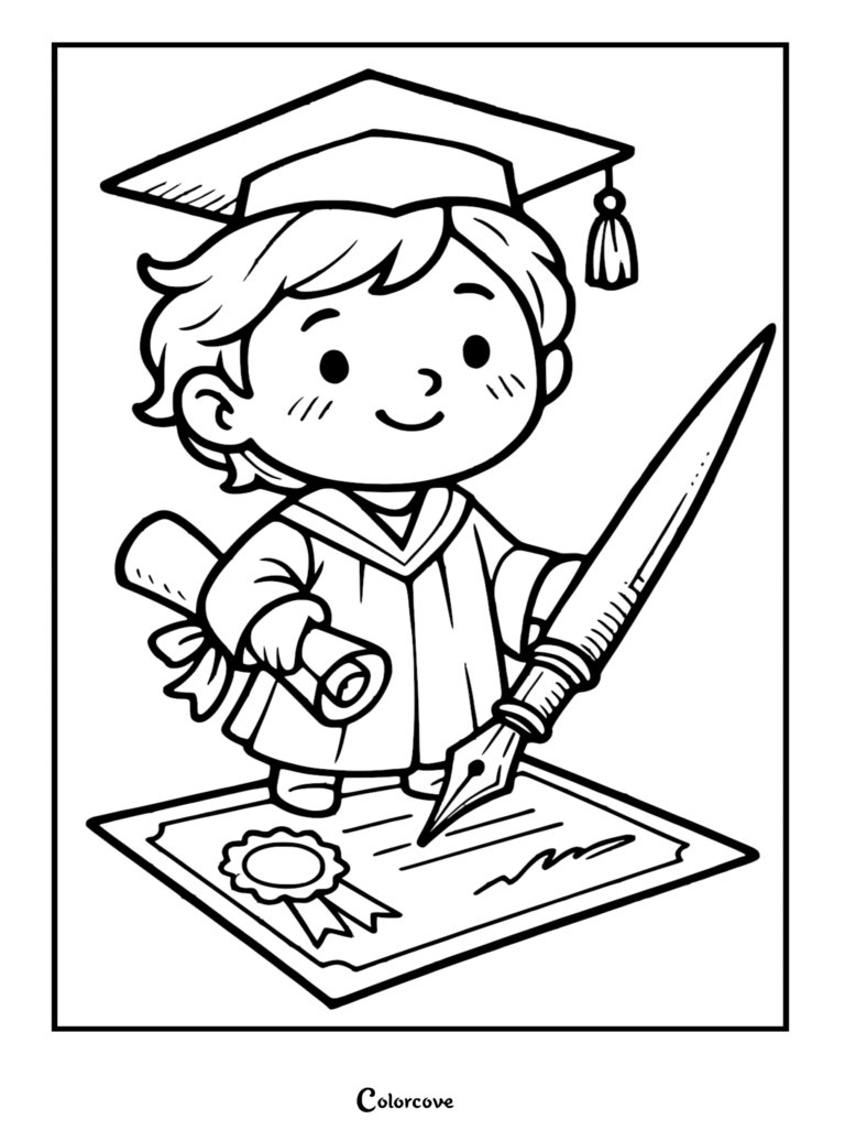 A cute cartoon graduate student wearing a mortarboard cap and gown holding a rolled diploma while using a large fountain pen to sign an official certificate, line art coloring page.