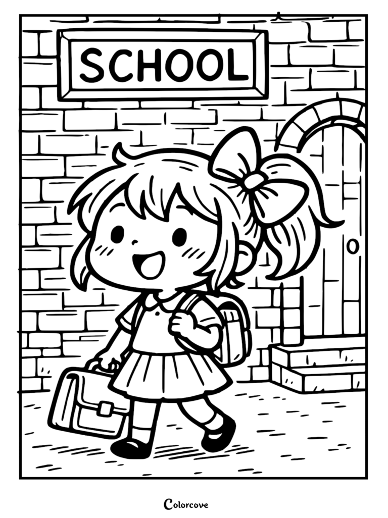 Cheerful schoolgirl with a bow in her hair and a backpack walking away from a brick school building, coloring page for kids
