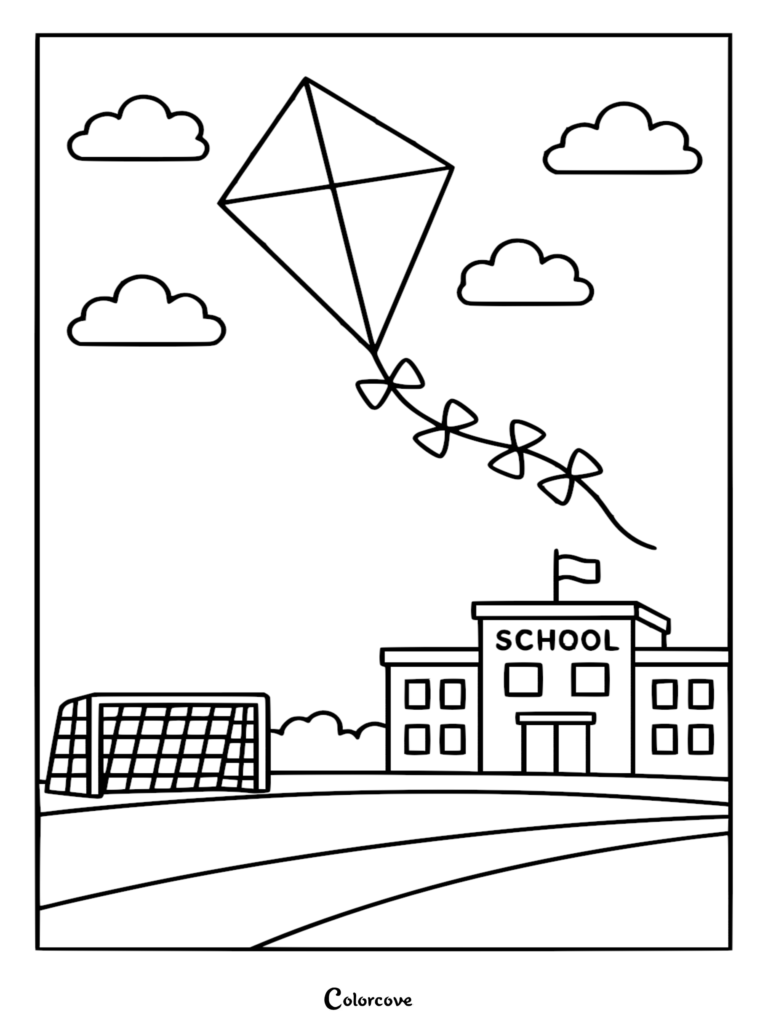 A printable coloring page featuring a diamond-shaped kite with bow tails flying in the sky above a school building and a soccer goal.