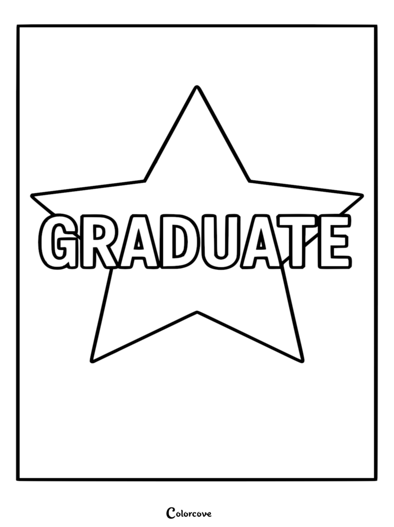 A bold outline of a five-pointed star with the word GRADUATE written in bubble letters across the center of a printable coloring page.