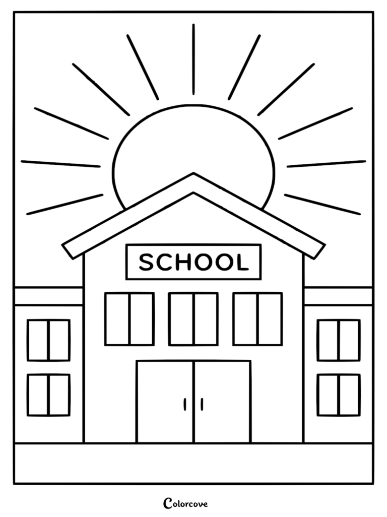 A simple line art coloring page of a school building with a radiant sun shining behind it.