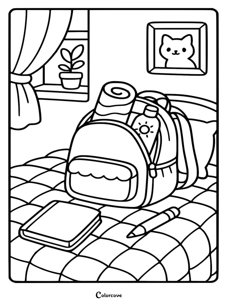 A backpack on a bed with a water bottle and scroll, alongside a book and pencil as a coloring page.