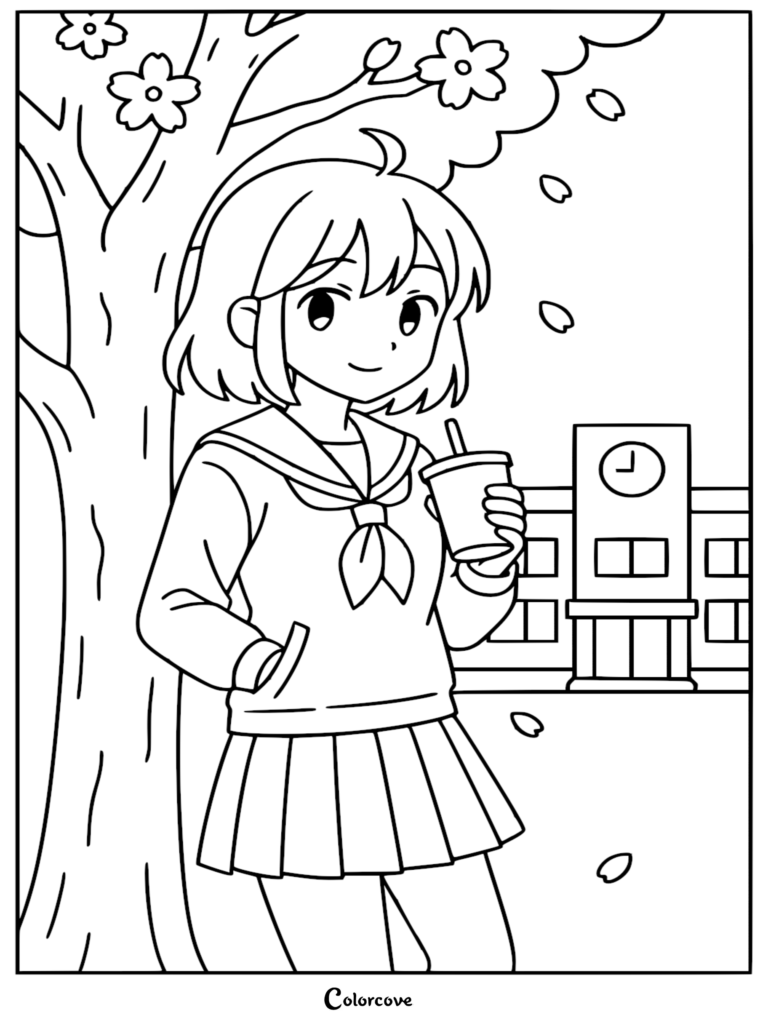 Anime schoolgirl in a sailor uniform holding a cup under a cherry blossom tree, line art coloring page.