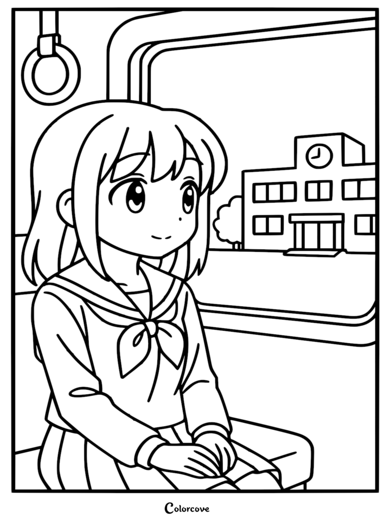 Anime schoolgirl sitting on a train looking out the window at her school building, printable coloring page.