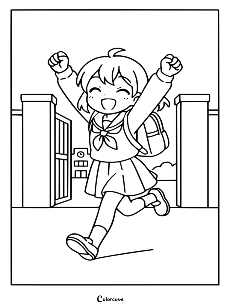 Anime schoolgirl with a backpack jumping with joy as she runs through school gates, a coloring page design.