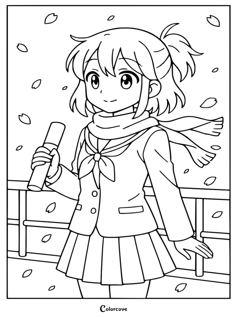 Anime school girl in uniform holding a diploma with falling cherry blossom petals in this black and white coloring page.
