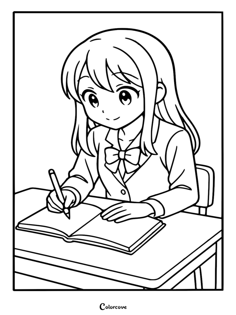 An anime schoolgirl with a bow tie writing in a notebook at a desk as a free printable coloring page.