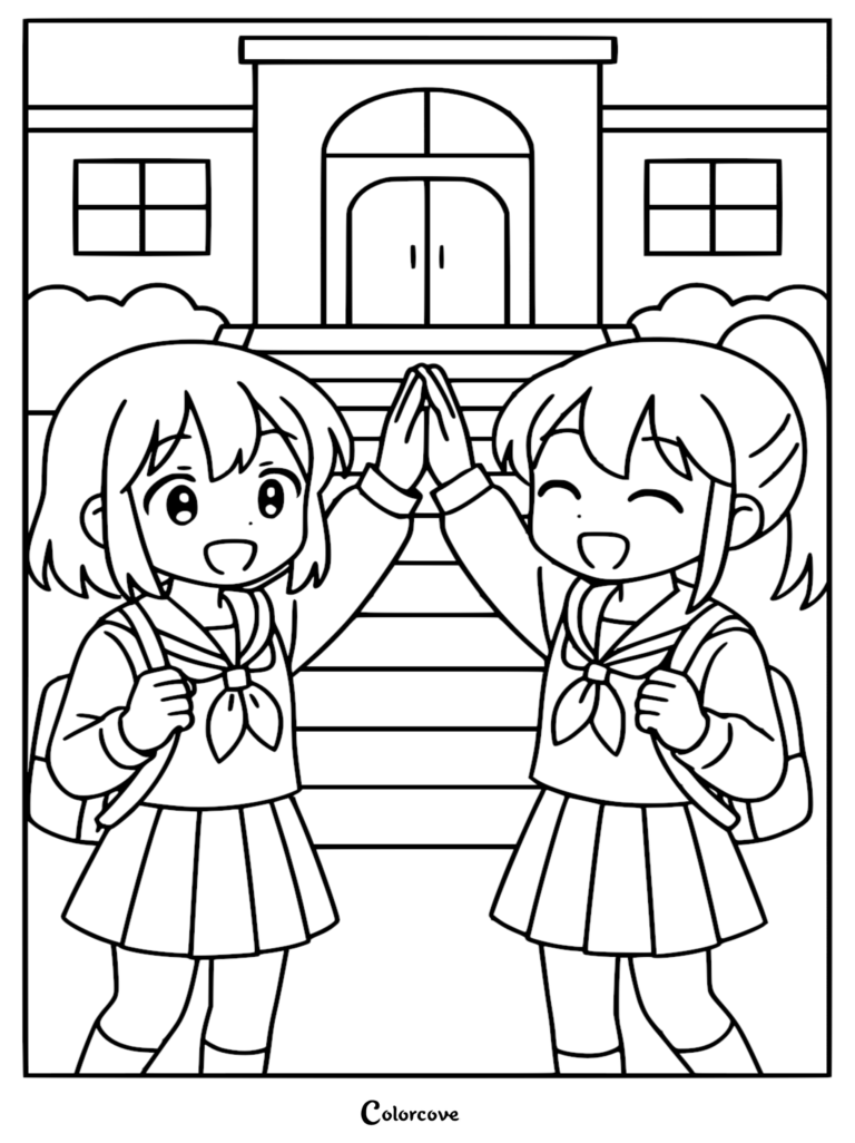 Two anime schoolgirls wearing uniforms and backpacks giving each other a high five in front of their school building on the last day of school, line art coloring page.