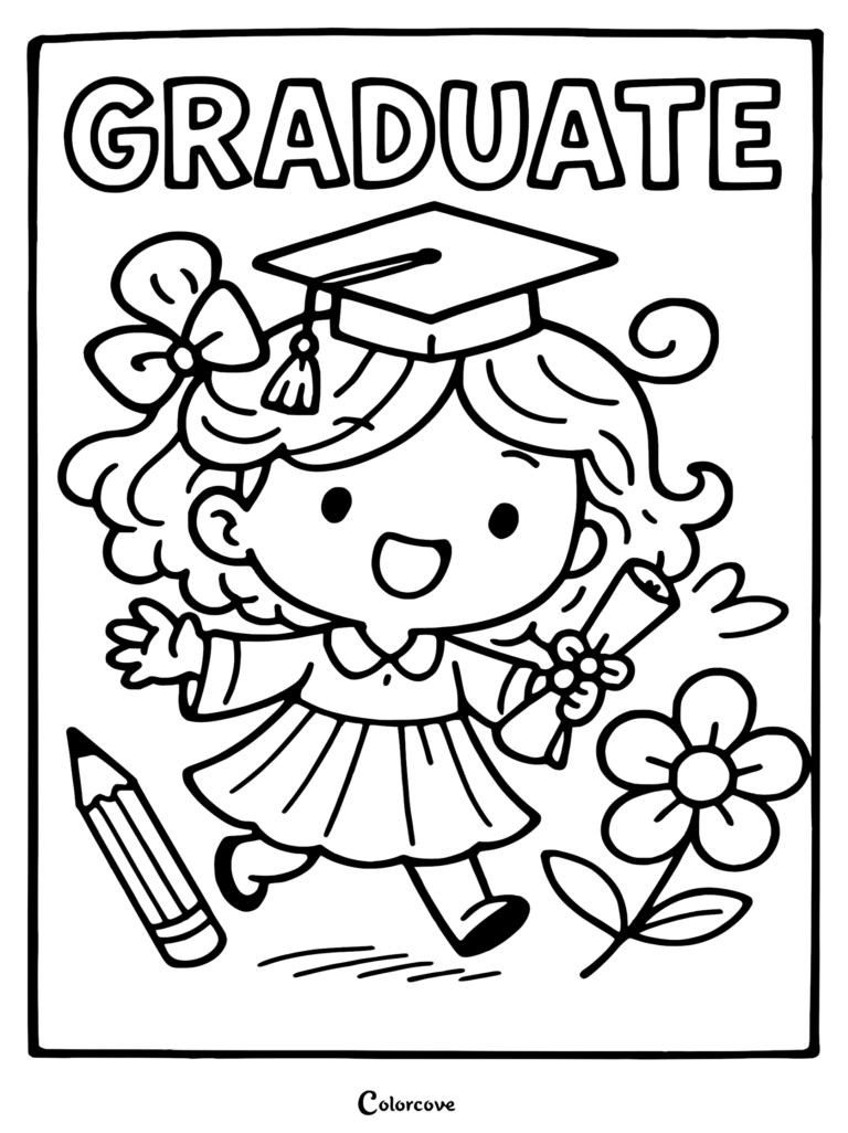 A cute girl wearing a graduation cap and gown holding a diploma, next to a large pencil and flower, line art coloring page.