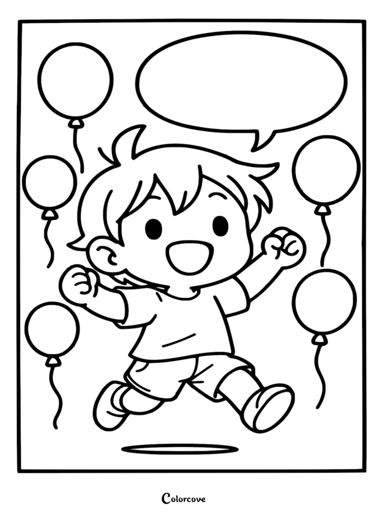 A printable coloring page featuring a joyful cartoon boy jumping with excitement, surrounded by four balloons and a large empty speech bubble for messages.
