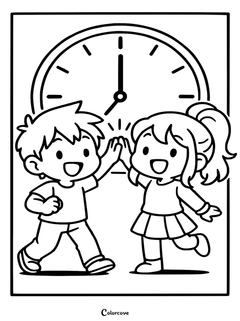 A happy boy and girl celebrating the last day of school with a high five in front of a classroom clock coloring page.