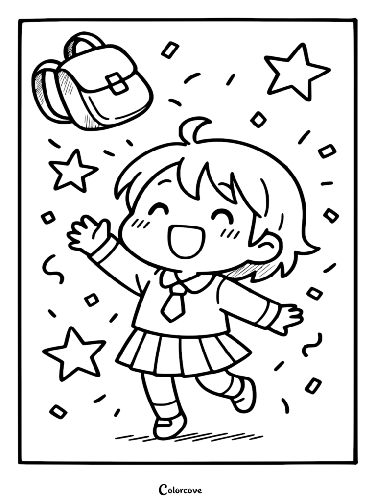 Chibi-style schoolgirl in uniform jumping joyfully with a backpack and confetti, a black and white coloring page.