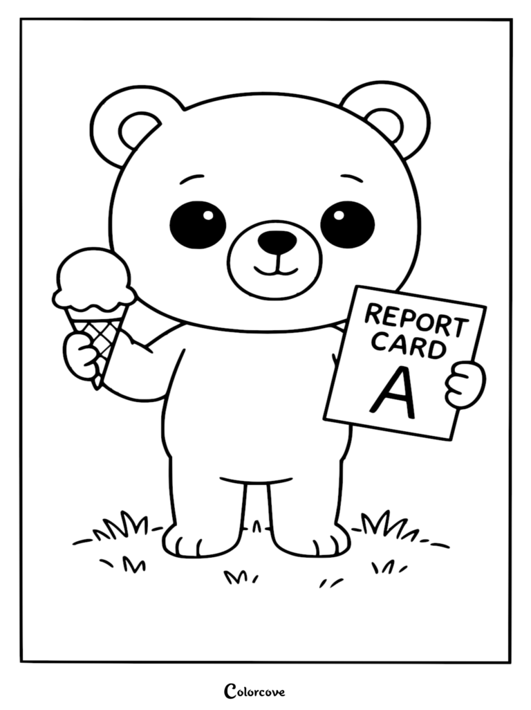 Cute teddy bear holding an ice cream cone and a report card with an A grade, coloring page style line art.