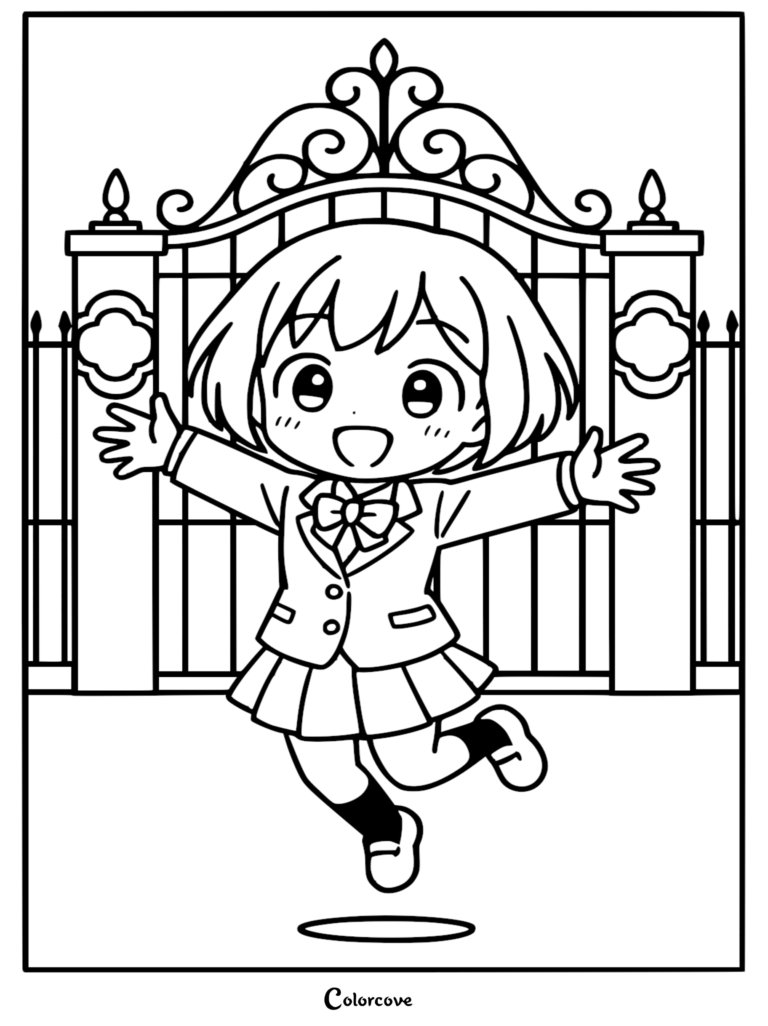 Anya Forger jumping for joy in front of an ornate school gate, anime-style line art coloring page.
