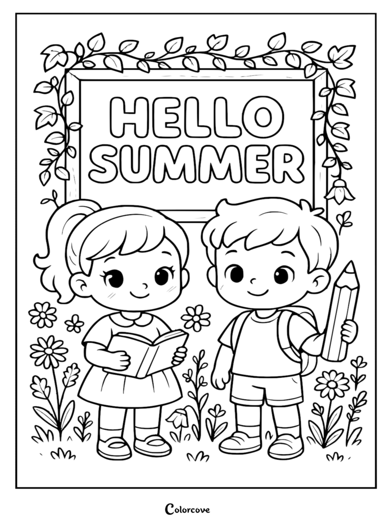 A cute boy and girl holding a book and giant pencil in front of a Hello Summer sign for a last day of school coloring page.