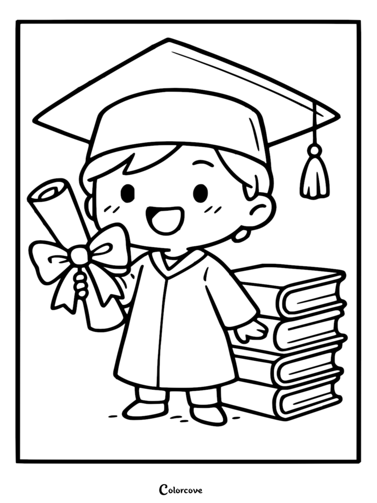 A cute chibi graduate wearing a cap and gown holds a rolled diploma tied with a bow next to a stack of books in this last day of school coloring page.