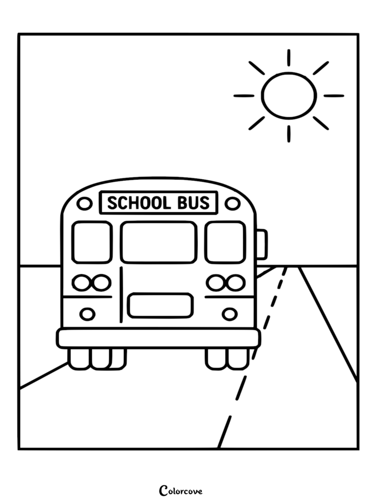 A school bus driving away down a road under a bright sun, a clean line art coloring page.