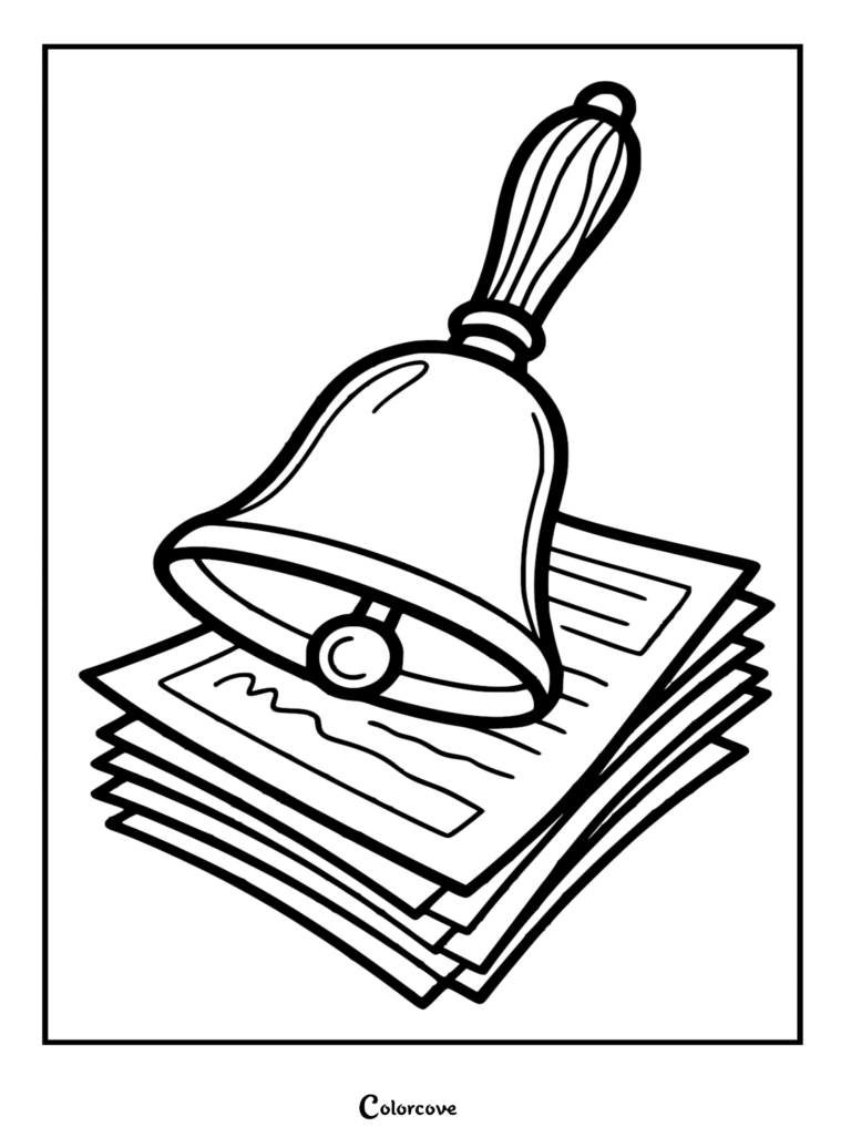 A classic school hand bell resting on a stack of completed report cards, thick line art style coloring page.