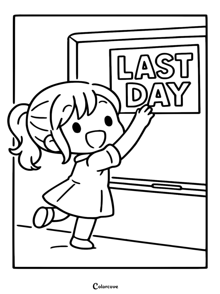 An excited chibi-style girl with a ponytail jumping to touch a chalkboard sign that reads LAST DAY on a printable coloring page.
