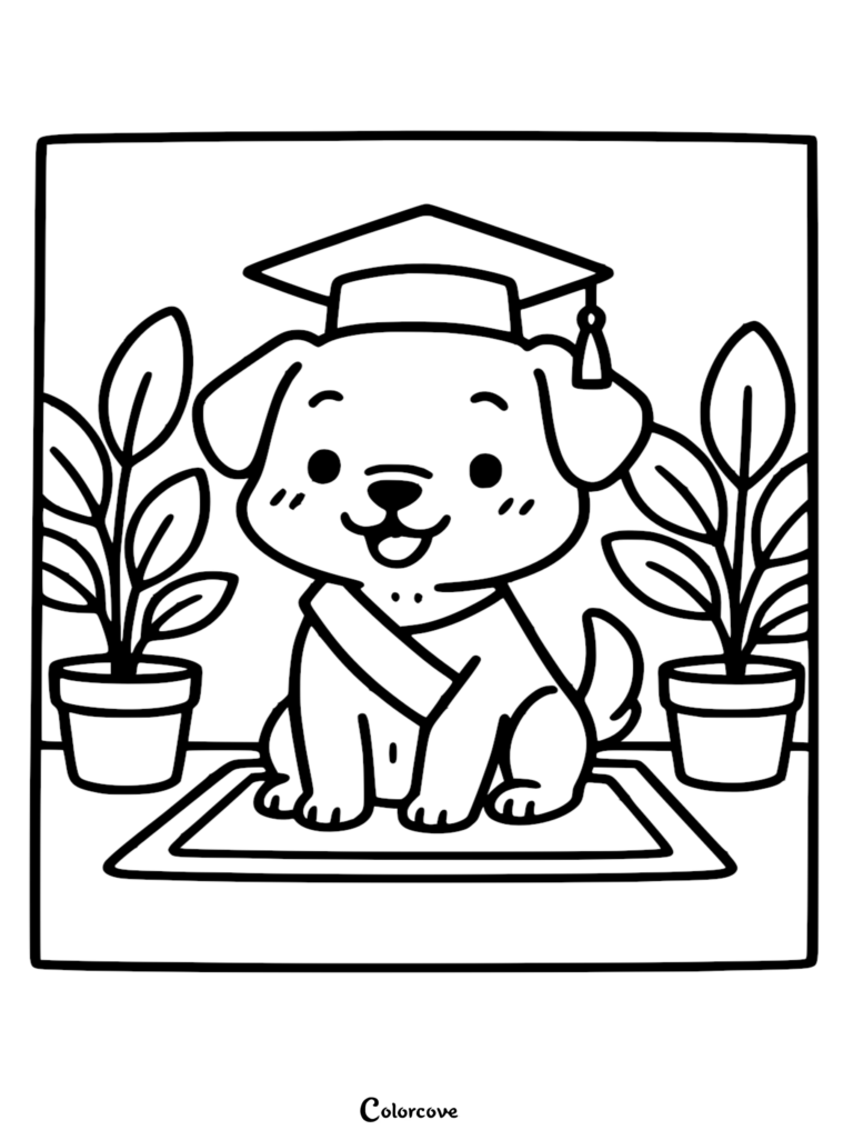 A cute cartoon puppy wearing a graduation cap and sash sits between two potted plants in this printable coloring page.