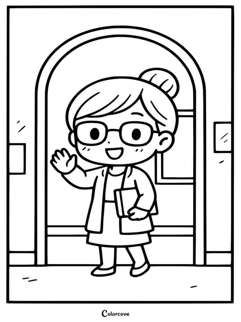 A teacher with glasses and a bun waving goodbye while holding a book, exiting a classroom as a coloring page.