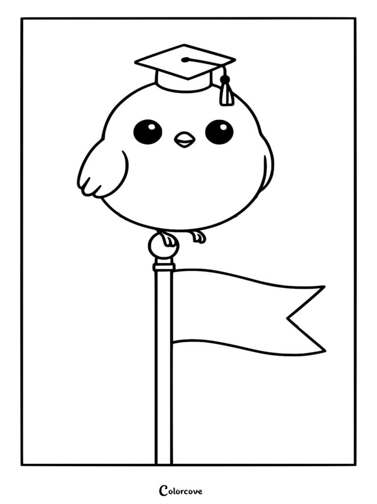 A cute round bird wearing a graduation cap perched on top of a flag pole in this printable coloring page.