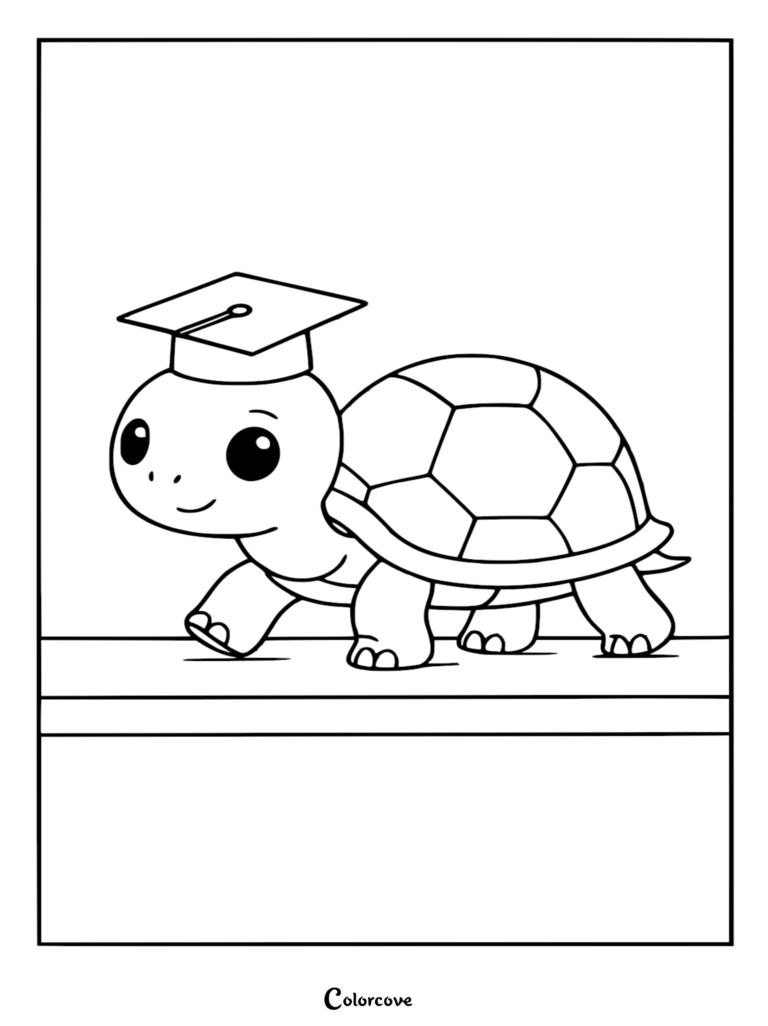 A cute cartoon turtle wearing a graduation cap walking on a ledge, line art coloring page for kids.