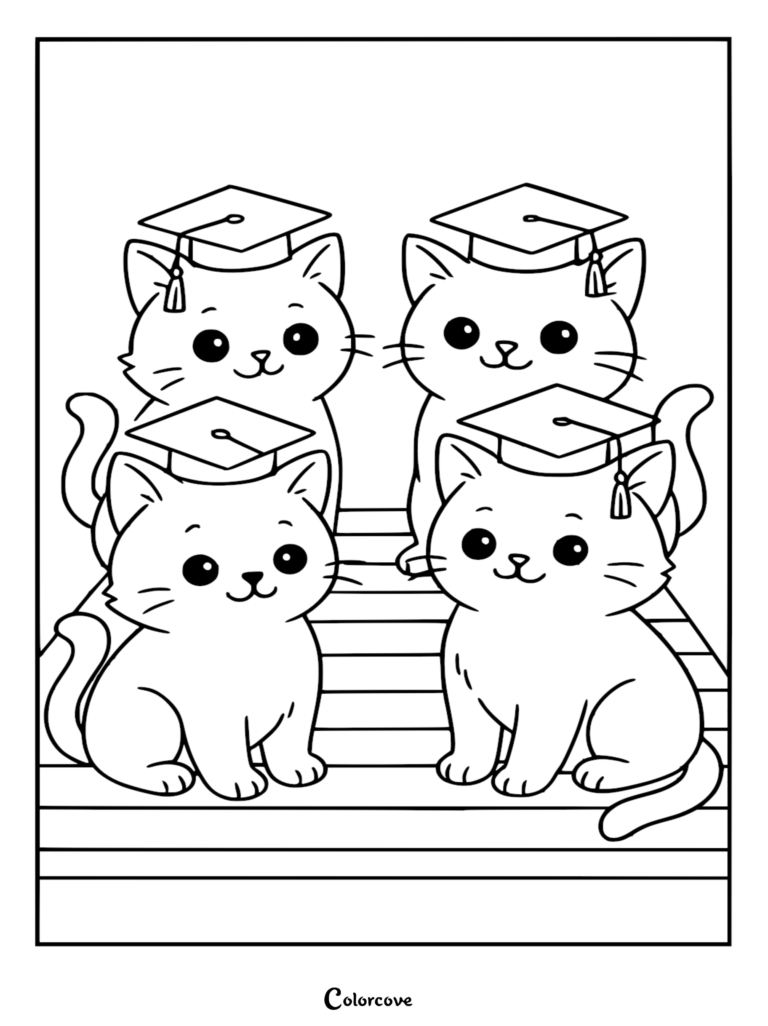 Four cute cartoon kittens wearing graduation caps sitting on a wooden floor, coloring page for kids.
