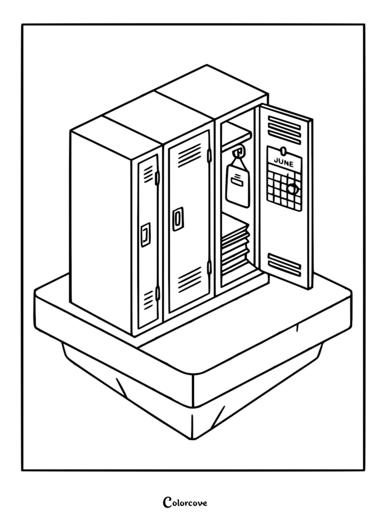 A line art coloring page showing three school lockers, with one door open revealing a calendar marked for June and stacks of school books inside.