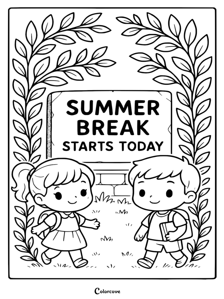 A printable coloring page featuring a young boy and girl with backpacks walking in front of a sign that reads Summer Break Starts Today, framed by decorative leafy branches.