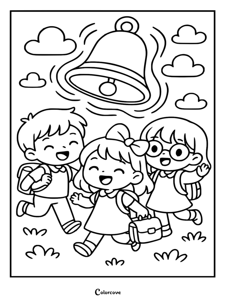 Three happy school children with backpacks running under a ringing school bell, line art coloring page.
