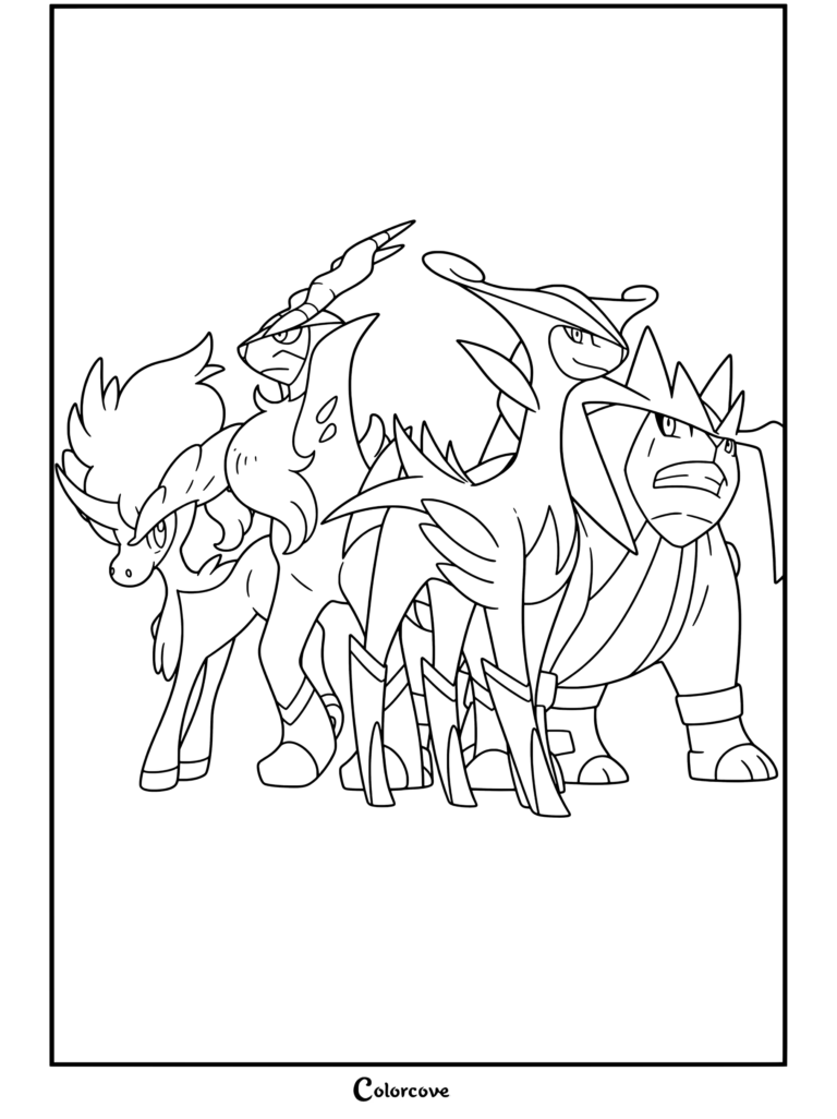Página para colorear imprimible de Pokemon Legendarios con las Espadas de la Justicia de las Nieves de la Corona de Pokemon Espada y Escudo.